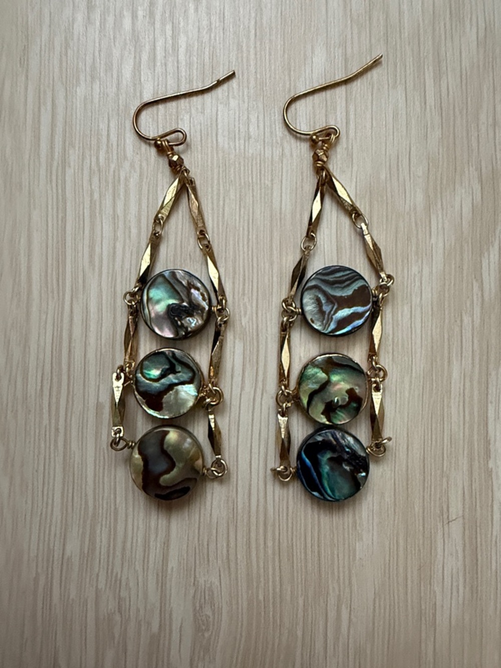 Gold-Tone Abalone Drop Earrings — Green-Blue Iridescent Discs
